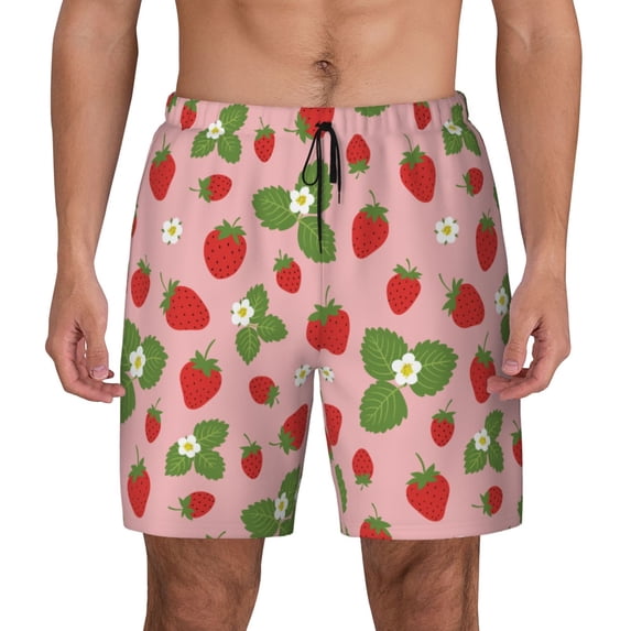 Lsque Mens Swim Trunks Strawberries Pattern - Bathing Suit Compression Liner - Beach Swim Shorts Swimwear - (S-3XL) - Stretch Quick Dry -Large