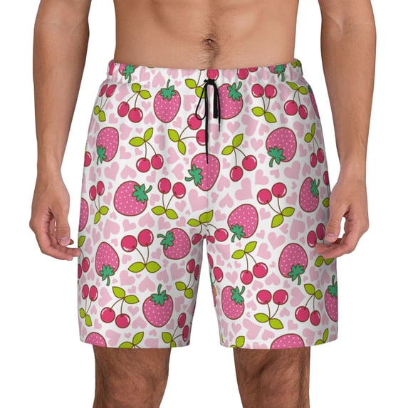 Lsque Mens Swim Trunks Strawberry And Cheery Pattern - Bathing Suit Compression Liner - Beach Swim Shorts Swimwear - (S-3XL) - Stretch Quick Dry -
