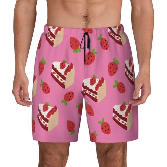 Lsque Mens Swim Trunks Strawberry Cake Pattern - Bathing Suit Compression Liner - Beach Swim Shorts Swimwear - (S-3XL) - Stretch Quick Dry -XX-Large