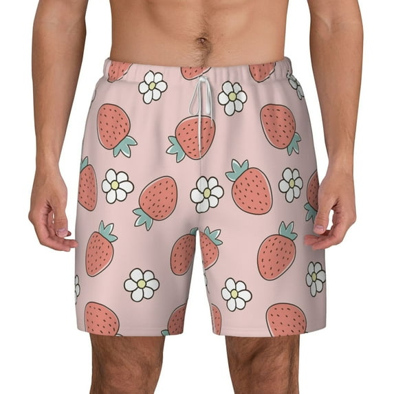 Lsque Mens Swim Trunks Strawberry And Flowers Pattern - Bathing Suit Compression Liner - Beach Swim Shorts Swimwear - (S-3XL) - Stretch Quick Dry -Large