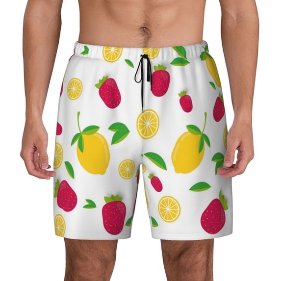 Lsque Mens Swim Trunks Strawberry and Lemon Pattern - Bathing Suit Compression Liner - Beach Swim Shorts Swimwear - (S-3XL) - Stretch Quick Dry -Medium