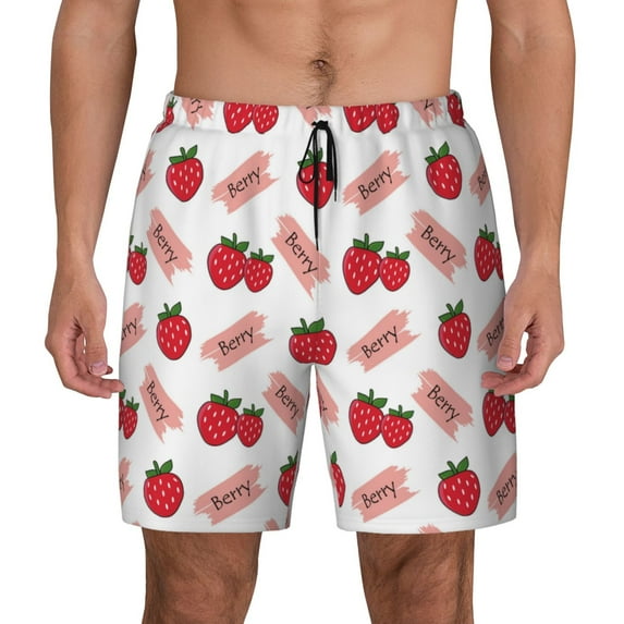 Lsque Mens Swim Trunks Strawberry Pattern - Bathing Suit Compression Liner - Beach Swim Shorts Swimwear - (S-3XL) - Stretch Quick Dry -3X-Large