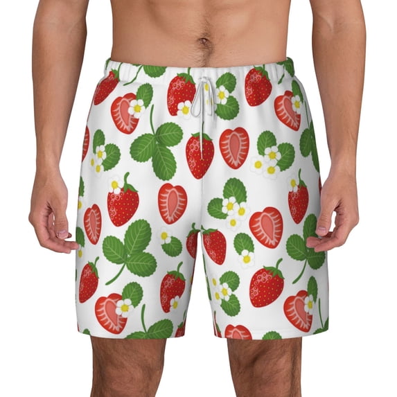 Lsque Mens Swim Trunks Strawberry Pattern - Bathing Suit Compression Liner - Beach Swim Shorts Swimwear - (S-3XL) - Stretch Quick Dry -Large