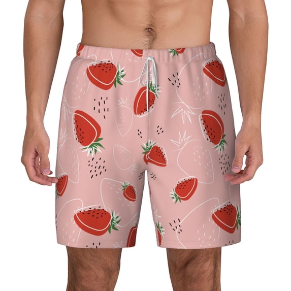 Lsque Mens Swim Trunks Strawberry Pattern - Bathing Suit Compression Liner - Beach Swim Shorts Swimwear - (S-3XL) - Stretch Quick Dry -Medium