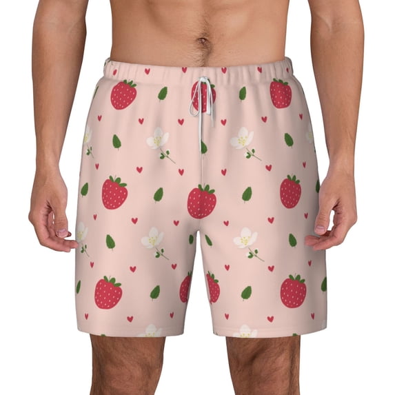 Lsque Mens Swim Trunks Strawberry Pattern - Bathing Suit Compression Liner - Beach Swim Shorts Swimwear - (S-3XL) - Stretch Quick Dry -X-Large