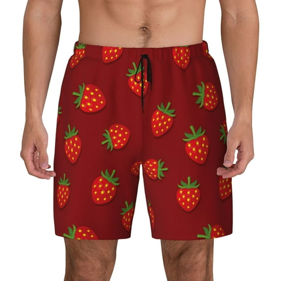 Lsque Mens Swim Trunks Strawberry Pattern - Bathing Suit Compression Liner - Beach Swim Shorts Swimwear - (S-3XL) - Stretch Quick Dry -X-Large