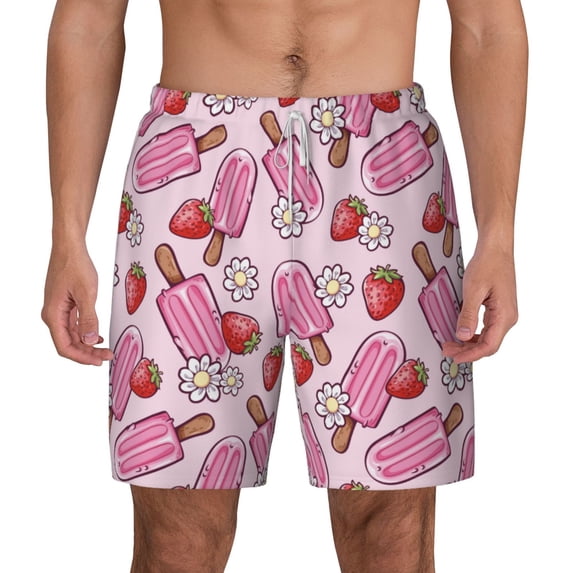 Lsque Mens Swim Trunks Strawberry Popsicle Pattern - Bathing Suit Compression Liner - Beach Swim Shorts Swimwear - (S-3XL) - Stretch Quick Dry -Large