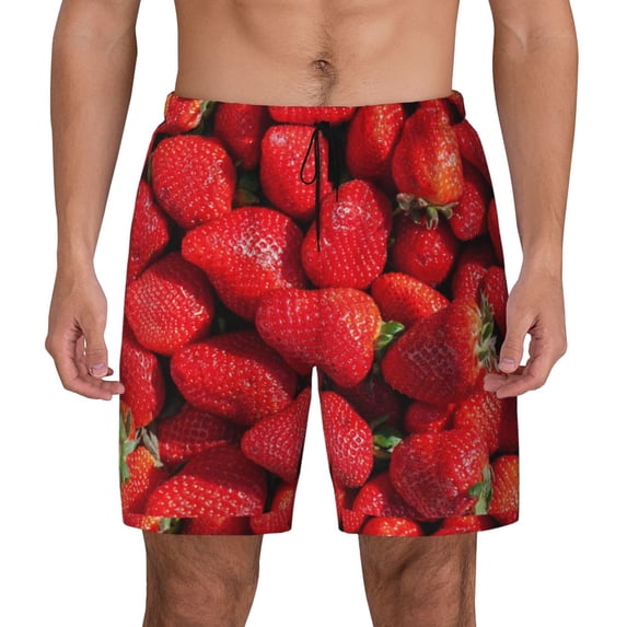 Lsque Mens Swim Trunks Strawberry Red Pattern - Bathing Suit Compression Liner - Beach Swim Shorts Swimwear - (S-3XL) - Stretch Quick Dry -3X-Large