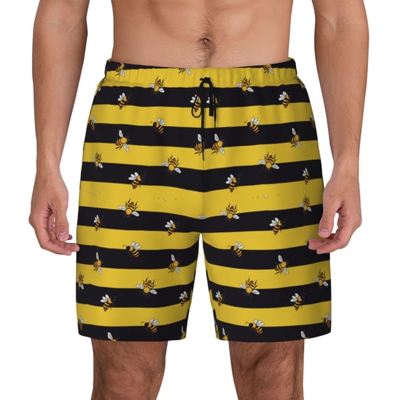 Lsque Mens Swim Trunks Striped With Bees Pattern - Bathing Suit Compression Liner - Beach Swim Shorts Swimwear - (S-3XL) - Stretch Quick Dry -XX-Large