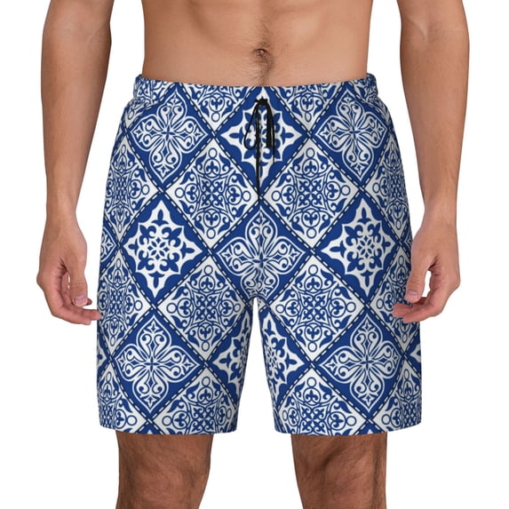 Lsque Mens Swim Trunks Stylized Flowers Vintage Boho Pattern - Bathing Suit Compression Liner - Beach Swim Shorts Swimwear - (S-3XL) - Stretch Quick Dry -Large