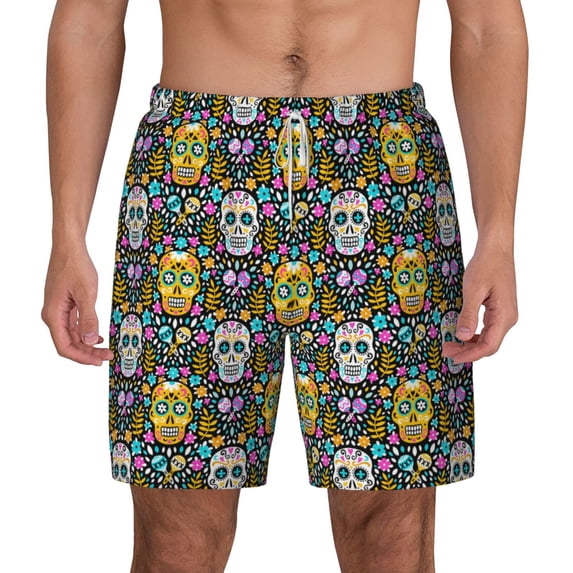 Lsque Mens Swim Trunks Sugar Skulls Pattern - Bathing Suit Compression Liner - Beach Swim Shorts Swimwear - (S-3XL) - Stretch Quick Dry -Large