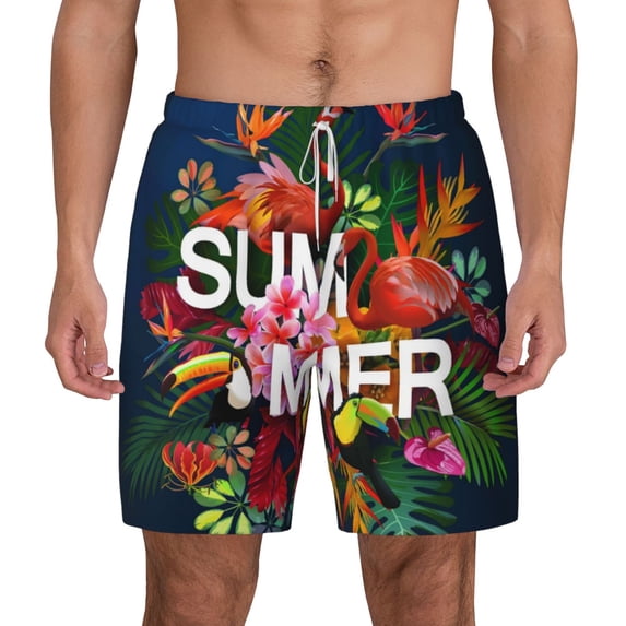 Lsque Mens Swim Trunks Summer Birds and Flowers Pattern - Bathing Suit Compression Liner - Beach Swim Shorts Swimwear - (S-3XL) - Stretch Quick Dry -Medium