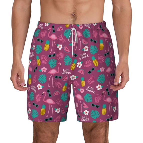 Lsque Mens Swim Trunks Summer Flamingo Pattern - Bathing Suit Compression Liner - Beach Swim Shorts Swimwear - (S-3XL) - Stretch Quick Dry -Large