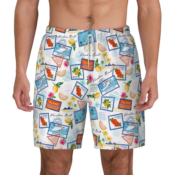 Lsque Mens Swim Trunks Summer Stamp Pattern - Bathing Suit Compression Liner - Beach Swim Shorts Swimwear - (S-3XL) - Stretch Quick Dry -3X-Large