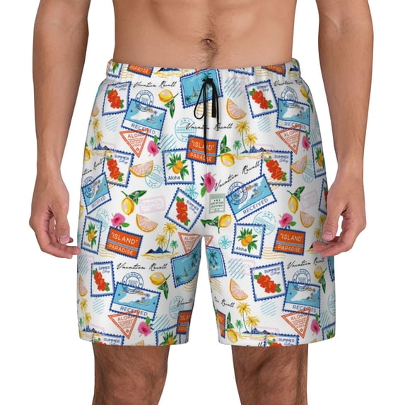 Lsque Mens Swim Trunks Summer Stamp Pattern - Bathing Suit Compression Liner - Beach Swim Shorts Swimwear - (S-3XL) - Stretch Quick Dry -X-Large