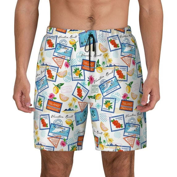 Lsque Mens Swim Trunks Summer Stamp Pattern - Bathing Suit Compression Liner - Beach Swim Shorts Swimwear - (S-3XL) - Stretch Quick Dry -XX-Large