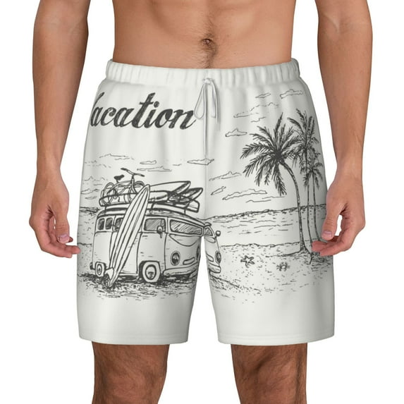 Lsque Mens Swim Trunks Summer Vacation Scene With Camping Van Pattern - Bathing Suit Compression Liner - Beach Swim Shorts Swimwear - (S-3XL) - Stretch Quick Dry -Small