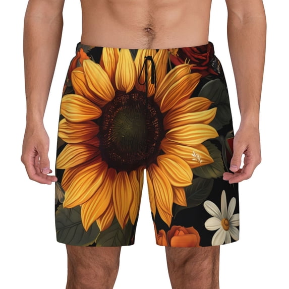 Lsque Mens Swim Trunks Sunflower Floral Butterfly Pattern - Bathing Suit Compression Liner - Beach Swim Shorts Swimwear - (S-3XL) - Stretch Quick Dry -Medium
