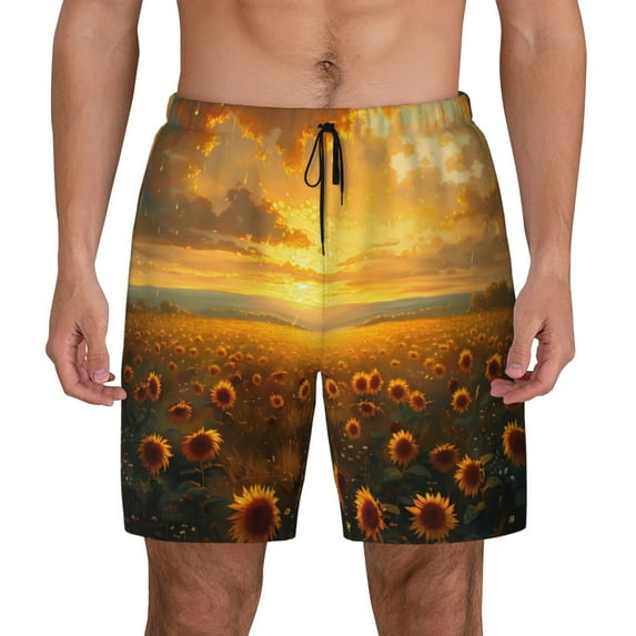 Lsque Mens Swim Trunks Sunflower Sunset Rainfall Pattern - Bathing Suit Compression Liner - Beach Swim Shorts Swimwear - (S-3XL) - Stretch Quick Dry -Small