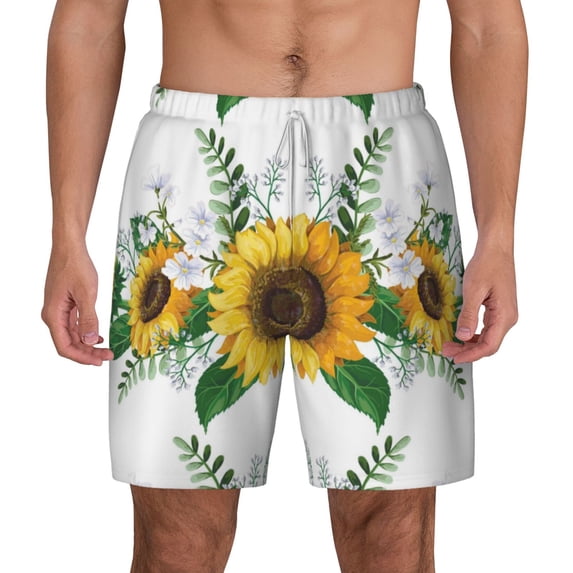 Lsque Mens Swim Trunks Sunflowers (2) Pattern - Bathing Suit Compression Liner - Beach Swim Shorts Swimwear - (S-3XL) - Stretch Quick Dry -3X-Large