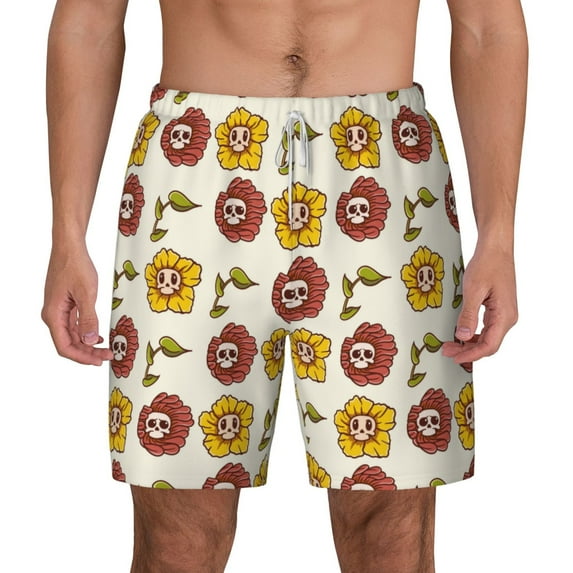 Lsque Mens Swim Trunks Sunflowers And Skull Pattern - Bathing Suit Compression Liner - Beach Swim Shorts Swimwear - (S-3XL) - Stretch Quick Dry -X-Large