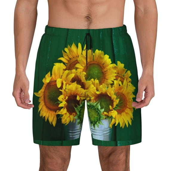 Lsque Mens Swim Trunks Sunflowers in Bucket Pattern - Bathing Suit Compression Liner - Beach Swim Shorts Swimwear - (S-3XL) - Stretch Quick Dry -Large