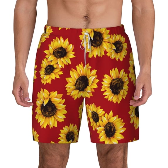 Lsque Mens Swim Trunks Sunflowers On Red Pattern - Bathing Suit Compression Liner - Beach Swim Shorts Swimwear - (S-3XL) - Stretch Quick Dry -Medium