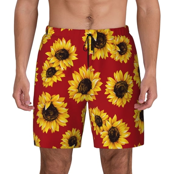Lsque Mens Swim Trunks Sunflowers On Red Pattern - Bathing Suit Compression Liner - Beach Swim Shorts Swimwear - (S-3XL) - Stretch Quick Dry -Medium