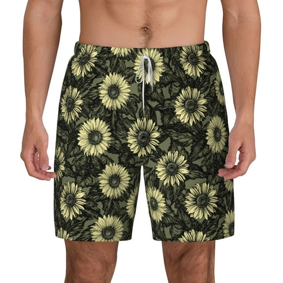 Lsque Mens Swim Trunks Sunflowers Pattern - Bathing Suit Compression Liner - Beach Swim Shorts Swimwear - (S-3XL) - Stretch Quick Dry -3X-Large