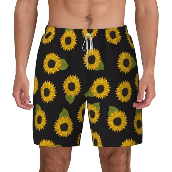 Lsque Mens Swim Trunks Sunflowers Pattern - Bathing Suit Compression Liner - Beach Swim Shorts Swimwear - (S-3XL) - Stretch Quick Dry -Medium