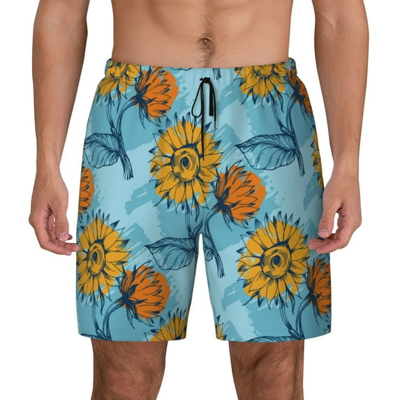 Lsque Mens Swim Trunks Sunflowers Pattern - Bathing Suit Compression Liner - Beach Swim Shorts Swimwear - (S-3XL) - Stretch Quick Dry -Medium