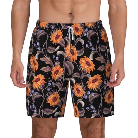 Lsque Mens Swim Trunks Sunflowers Pattern - Bathing Suit Compression Liner - Beach Swim Shorts Swimwear - (S-3XL) - Stretch Quick Dry -Medium