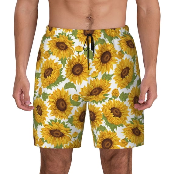 Lsque Mens Swim Trunks Sunflowers Pattern - Bathing Suit Compression Liner - Beach Swim Shorts Swimwear - (S-3XL) - Stretch Quick Dry -X-Large