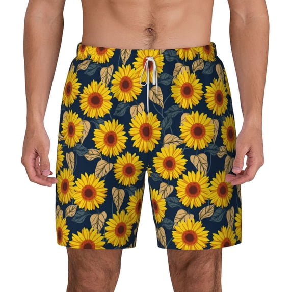 Lsque Mens Swim Trunks Sunflowers Pattern - Bathing Suit Compression Liner - Beach Swim Shorts Swimwear - (S-3XL) - Stretch Quick Dry -XX-Large