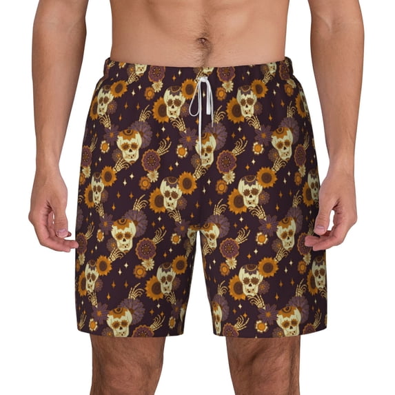 Lsque Mens Swim Trunks Sunflowers with Skull and Hand Pattern - Bathing Suit Compression Liner - Beach Swim Shorts Swimwear - (S-3XL) - Stretch Quick Dry -X-Large