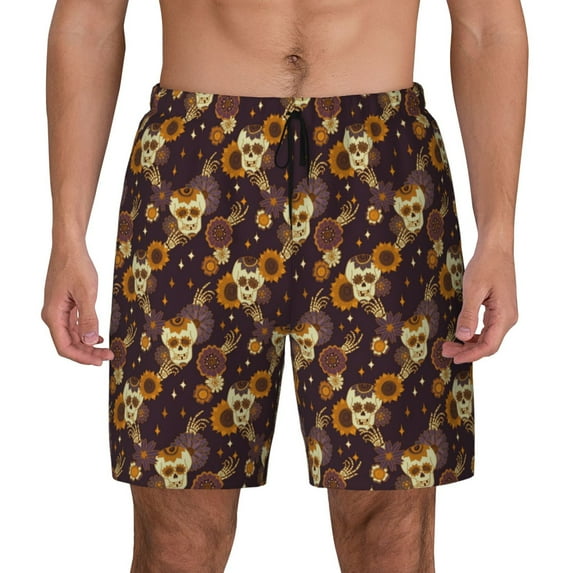 Lsque Mens Swim Trunks Sunflowers with Skull and Hand Pattern - Bathing Suit Compression Liner - Beach Swim Shorts Swimwear - (S-3XL) - Stretch Quick Dry -