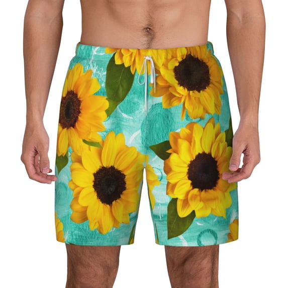 Lsque Mens Swim Trunks Sunflowers With Green Leaves Pattern - Bathing Suit Compression Liner - Beach Swim Shorts Swimwear - (S-3XL) - Stretch Quick Dry -3X-Large