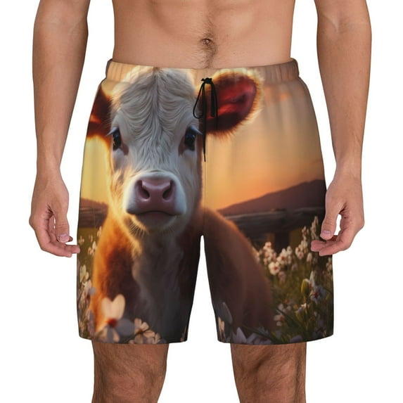 Lsque Mens Swim Trunks Sunset Calf Flower Field Pattern - Bathing Suit Compression Liner - Beach Swim Shorts Swimwear - (S-3XL) - Stretch Quick Dry -Small