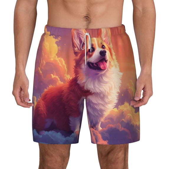 Lsque Mens Swim Trunks Sunset Cloud Corgi Pattern - Bathing Suit Compression Liner - Beach Swim Shorts Swimwear - (S-3XL) - Stretch Quick Dry -Large