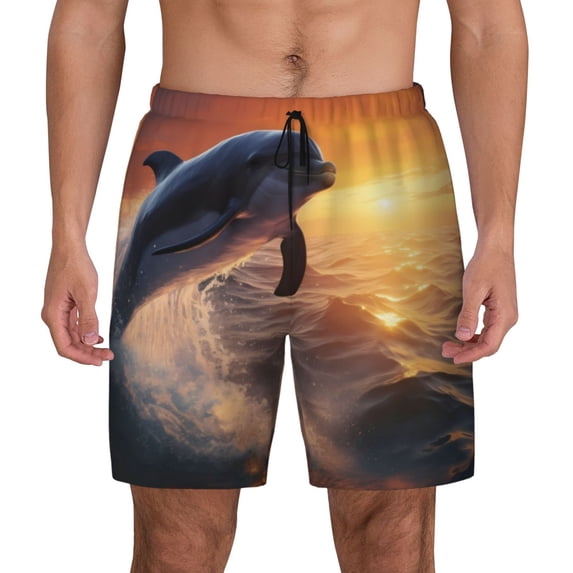Lsque Mens Swim Trunks Sunset Dancing Dolphin Pattern - Bathing Suit Compression Liner - Beach Swim Shorts Swimwear - (S-3XL) - Stretch Quick Dry -