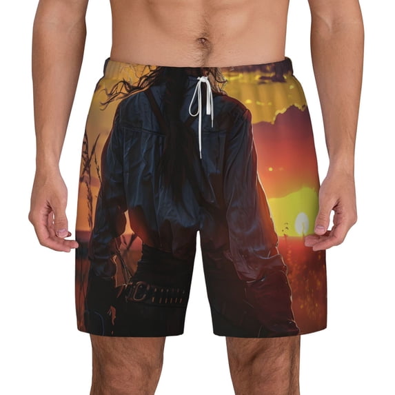 Lsque Mens Swim Trunks Sunset Western Cowgirl Pattern - Bathing Suit Compression Liner - Beach Swim Shorts Swimwear - (S-3XL) - Stretch Quick Dry -3X-Large