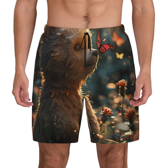 Lsque Mens Swim Trunks Sunshine Butterfly Flower Bear Pattern - Bathing Suit Compression Liner - Beach Swim Shorts Swimwear - (S-3XL) - Stretch Quick Dry -3X-Large