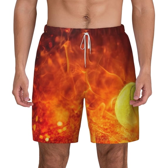 Lsque Mens Swim Trunks Tennis Ball In Fire Pattern - Bathing Suit Compression Liner - Beach Swim Shorts Swimwear - (S-3XL) - Stretch Quick Dry -3X-Large
