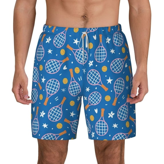 Lsque Mens Swim Trunks Tennis Pattern - Bathing Suit Compression Liner - Beach Swim Shorts Swimwear - (S-3XL) - Stretch Quick Dry -X-Large