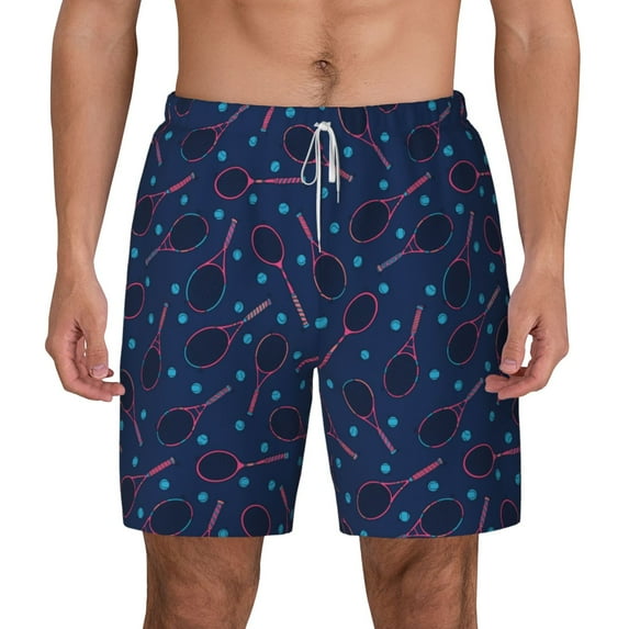 Lsque Mens Swim Trunks Tennis Racket Pattern - Bathing Suit Compression Liner - Beach Swim Shorts Swimwear - (S-3XL) - Stretch Quick Dry -Medium