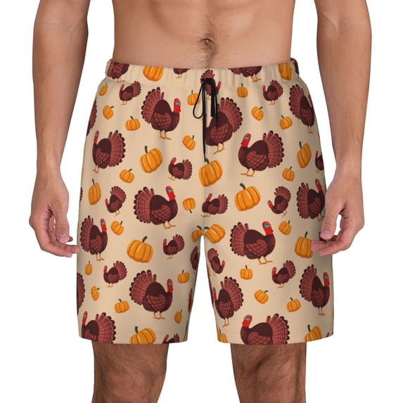 Lsque Mens Swim Trunks Thanksgiving Turkey and Pumpkin Pattern - Bathing Suit Compression Liner - Beach Swim Shorts Swimwear - (S-3XL) - Stretch Quick Dry -