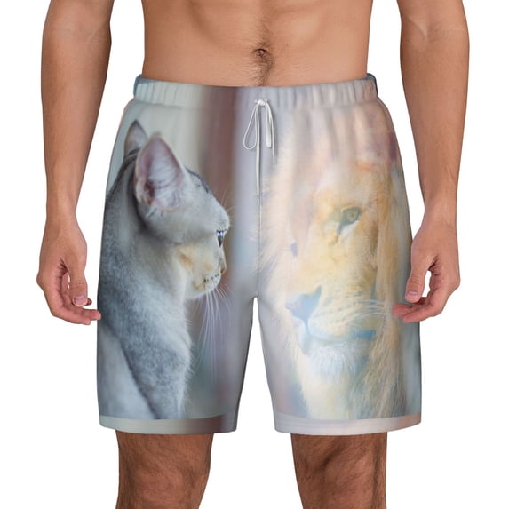 Lsque Mens Swim Trunks The Cat Looks in the Mirror Pattern - Bathing Suit Compression Liner - Beach Swim Shorts Swimwear - (S-3XL) - Stretch Quick Dry -Large