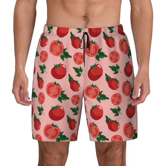 Lsque Mens Swim Trunks Tomatoes Pattern - Bathing Suit Compression Liner - Beach Swim Shorts Swimwear - (S-3XL) - Stretch Quick Dry -Large