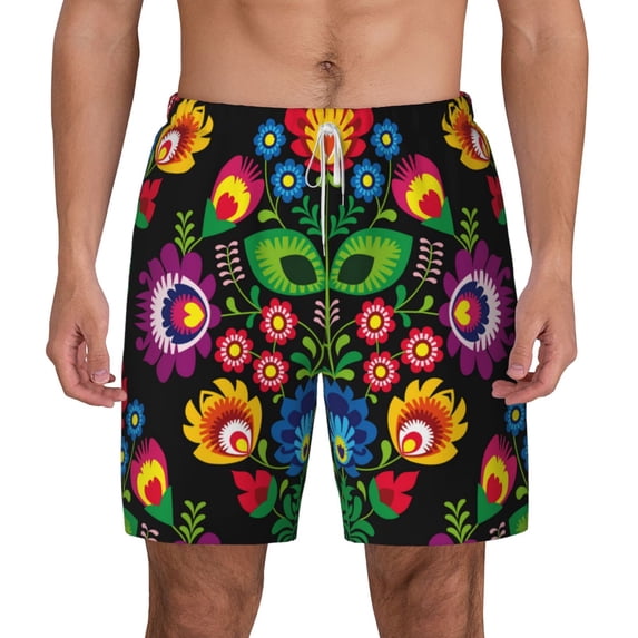 Lsque Mens Swim Trunks Traditional Floral Polish Pattern - Bathing Suit Compression Liner - Beach Swim Shorts Swimwear - (S-3XL) - Stretch Quick Dry -XX-Large