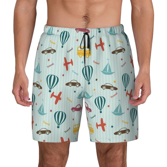 Lsque Mens Swim Trunks Transport Travel Pattern - Bathing Suit Compression Liner - Beach Swim Shorts Swimwear - (S-3XL) - Stretch Quick Dry -Small